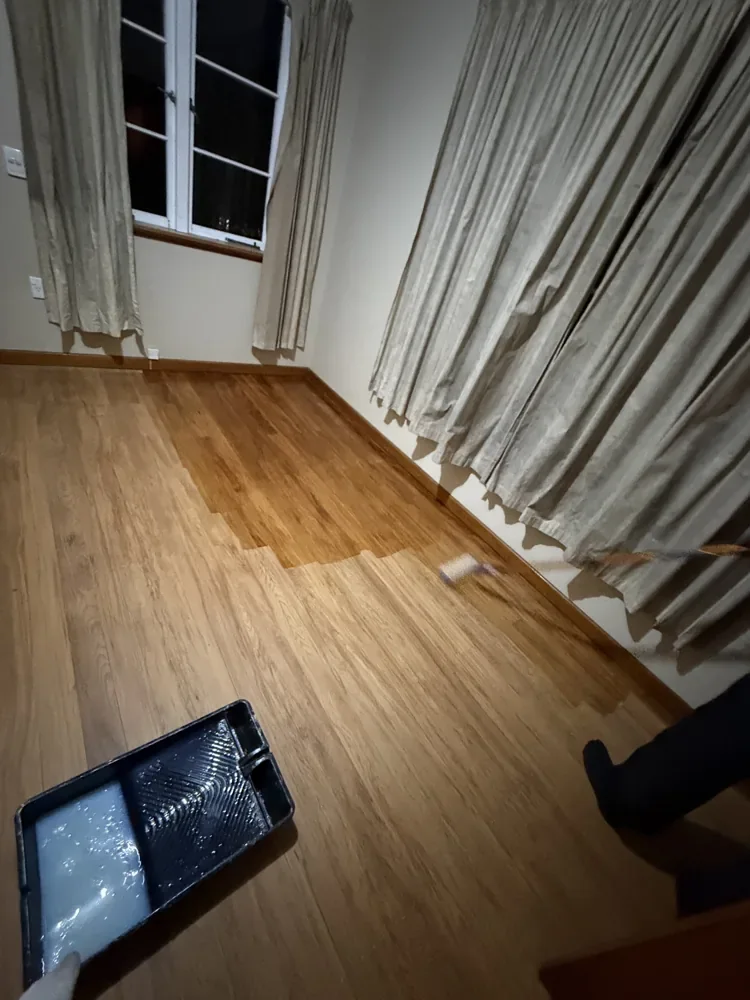 Timber Floor Restoration — Henderson — Coating in progress